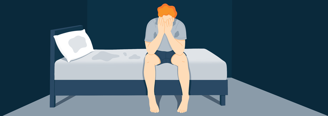 Animated Illustration of a Man Covered in Sweat Sitting on the Edge of His Bed Animated Illustration of a Man Covered in Sweat Sitting on the Edge of His Bed