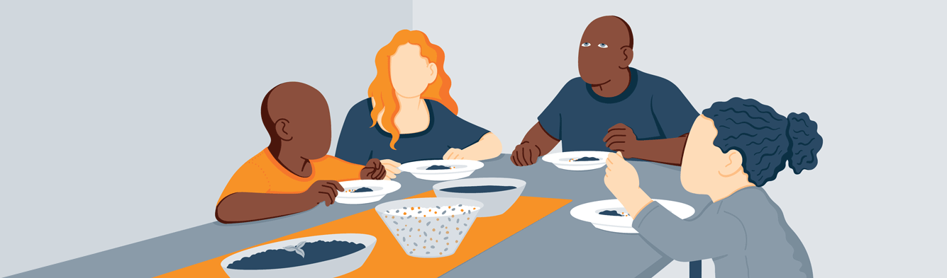 Animated Image of a Family Having a Meal Together Where a Father Falls Asleep at a Table - Desktop
