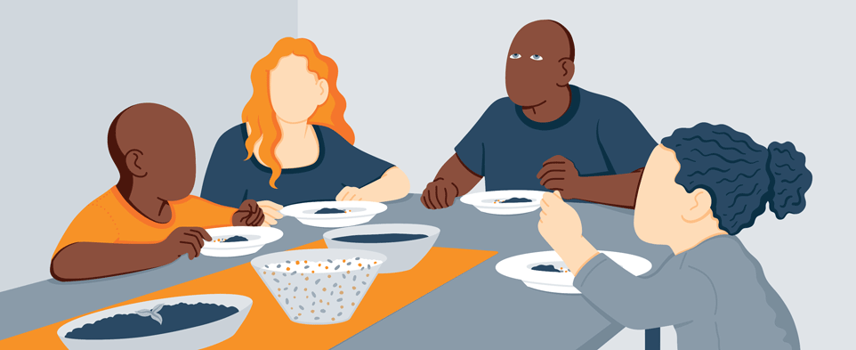 Animated Image of a Family Having a Meal Together Where a Father Falls Asleep at a Table - Mobile