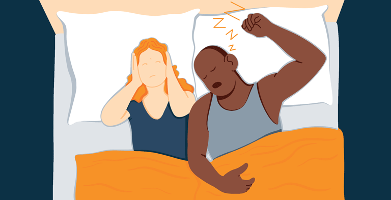 Animated Image of a Woman Struggling to Fall Asleep Because Her Partner Has Sleep Apnea