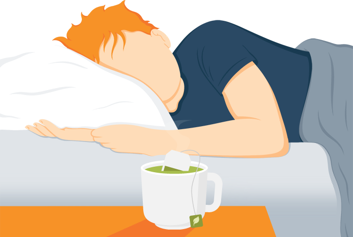 Illustration of a Man Sleeping with a Cup of Green Tea on the Night Stand