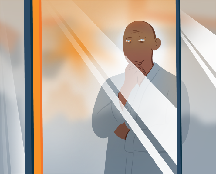 Illustration of a Sick and Tired Man With Blood Shot-Eyes Looking Through The Window