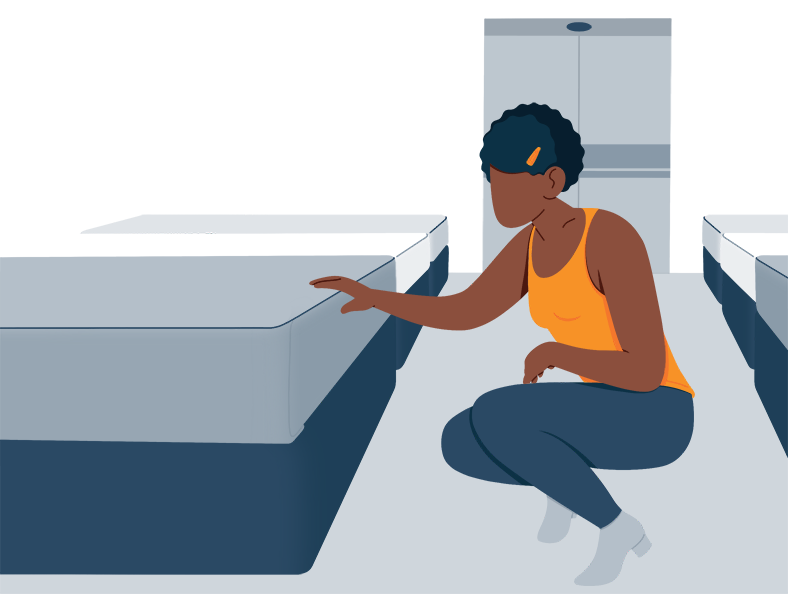 Illustration of a Lady Looking at Mattresses in a Mattress Store