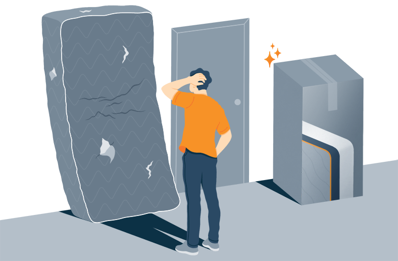 Illustration of a Man Looking at His Old Mattress