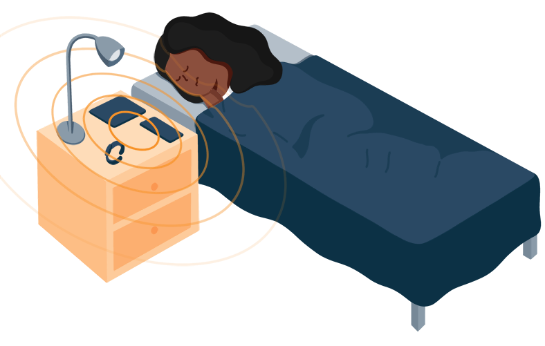 Illustration of a Woman Sleeping While There are Different Devices on a Night Stand Illustration of a Woman Sleeping While There are Different Devices on a Night Stand