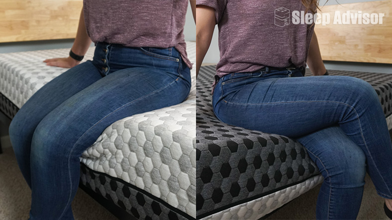 Emma is testing edge support on Layla mattress firm and soft option