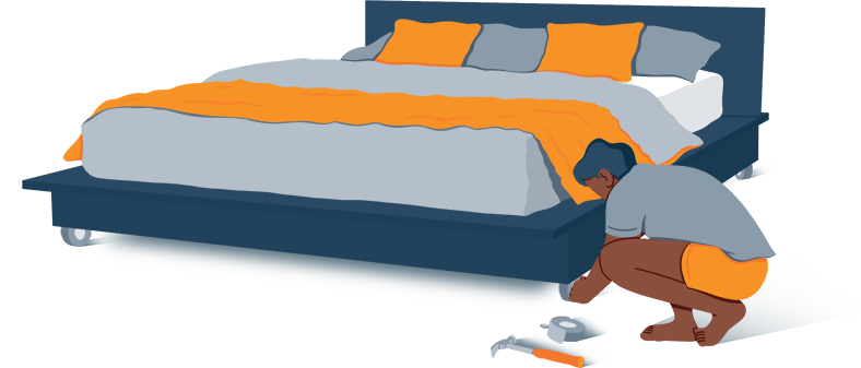 Illustration of a Man Installing Wheels to His Bed