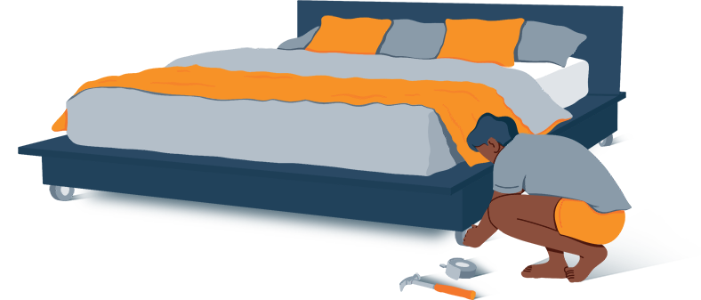 Illustration of a Man Installing Wheels to His Bed Illustration of a Man Installing Wheels to His Bed